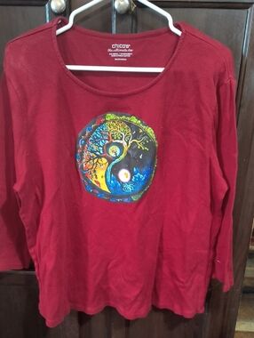 Chico's Red Long-Sleeve Tee with Colorful Yin-Yang Tree Graphic